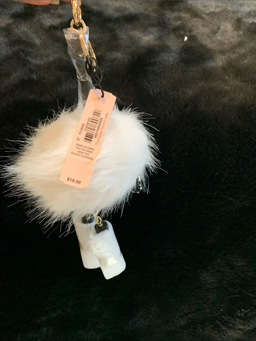 Victoria's Secret White Faux Fur Pom Pom Keychain with Red Sequin Lip Accent